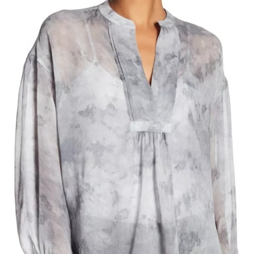Vince Gray Gray Watercolor Print 100% Silk Blouse Top Semi Sheer M/L